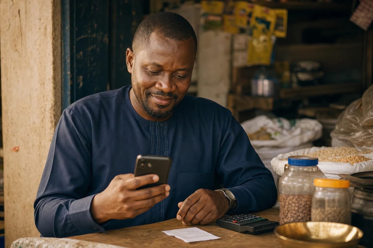 A Nigerian man checking his phone at a market counter