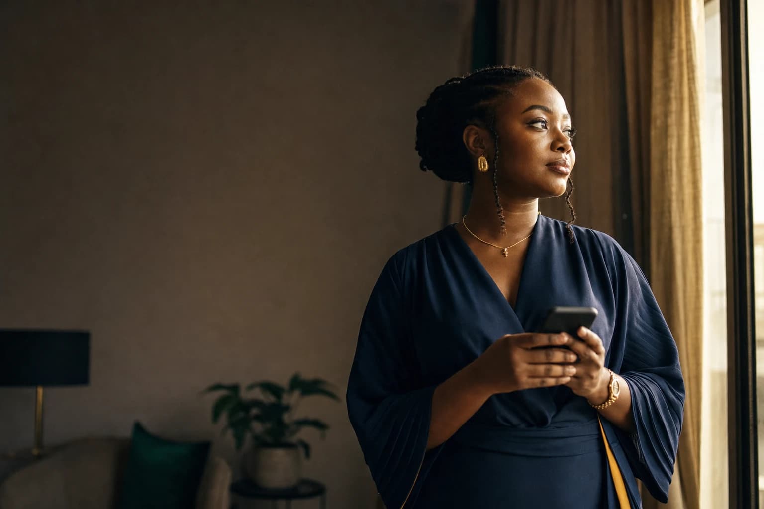 A Nigerian woman holding a smartphone in the morning light
