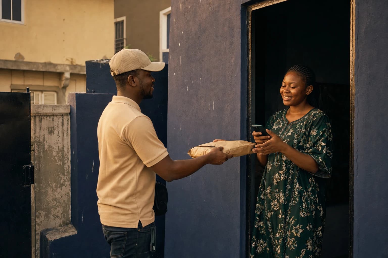 A Nigerian woman receiving a parcel at her doorway