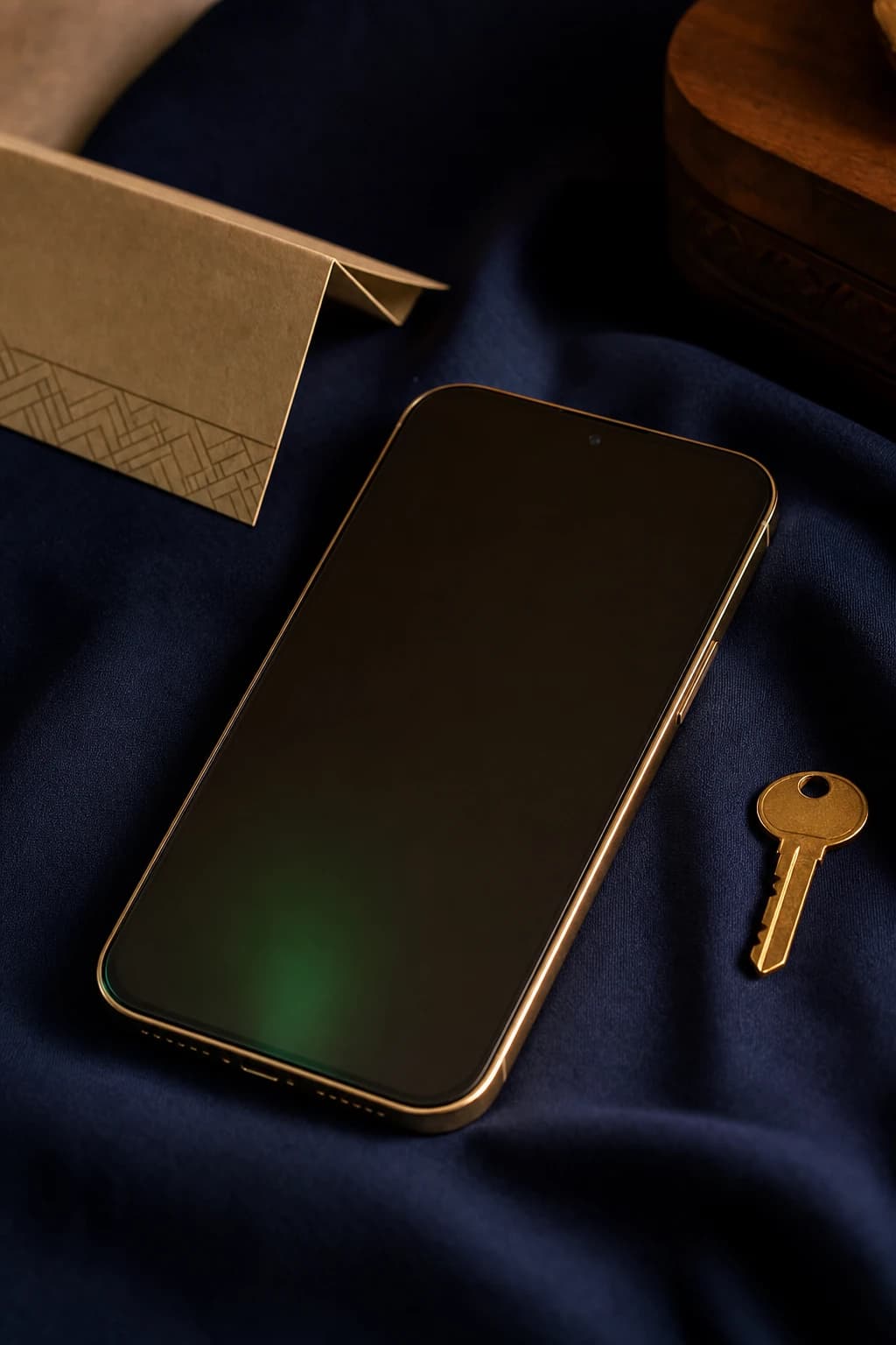 A smartphone resting on deep navy cloth beside a gold key